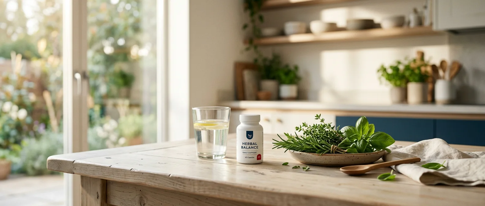 Morning wellness lifestyle with supplement bottle and water