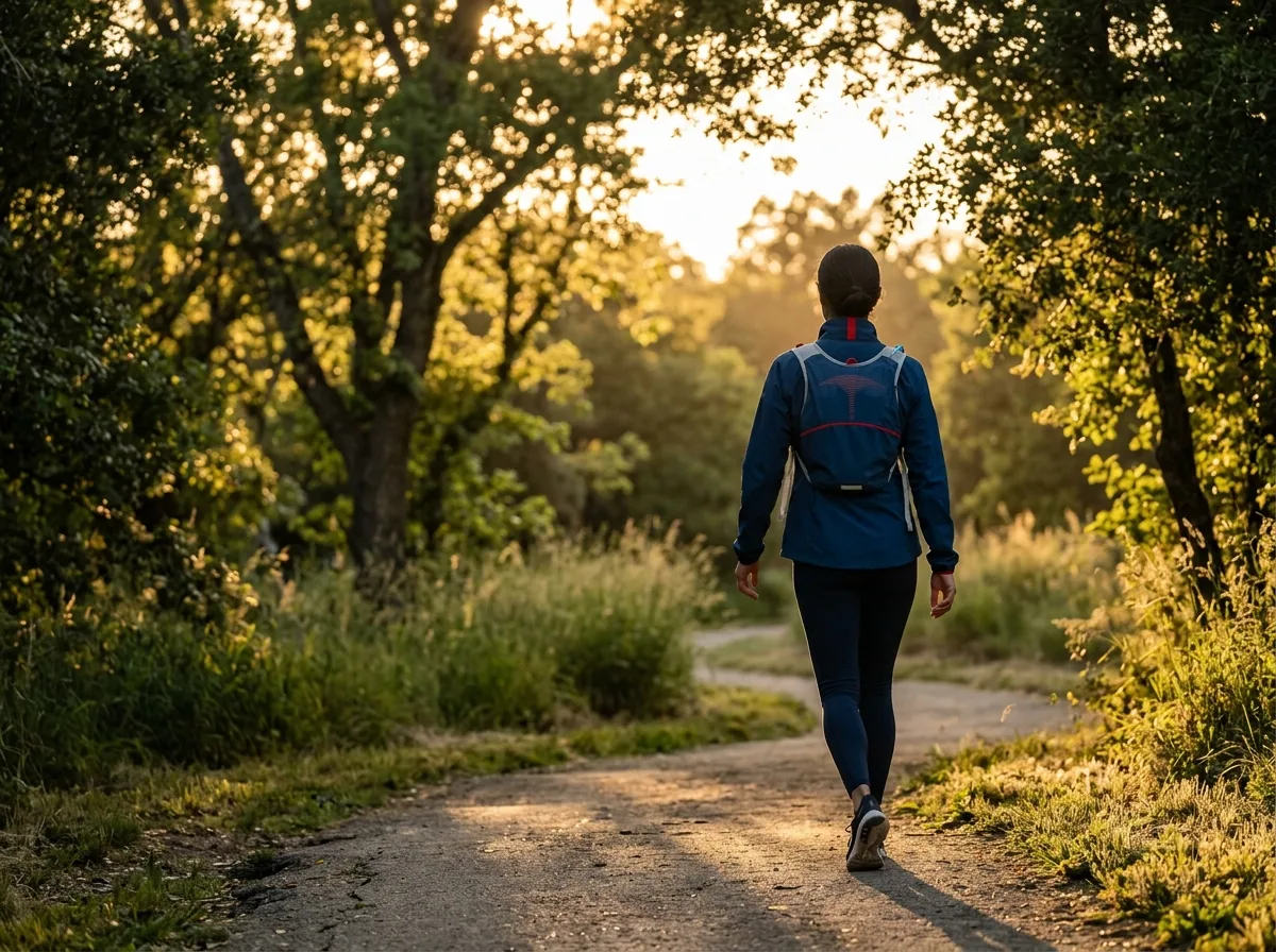 Anonymous silhouette walking outdoors at golden hour, active lifestyle