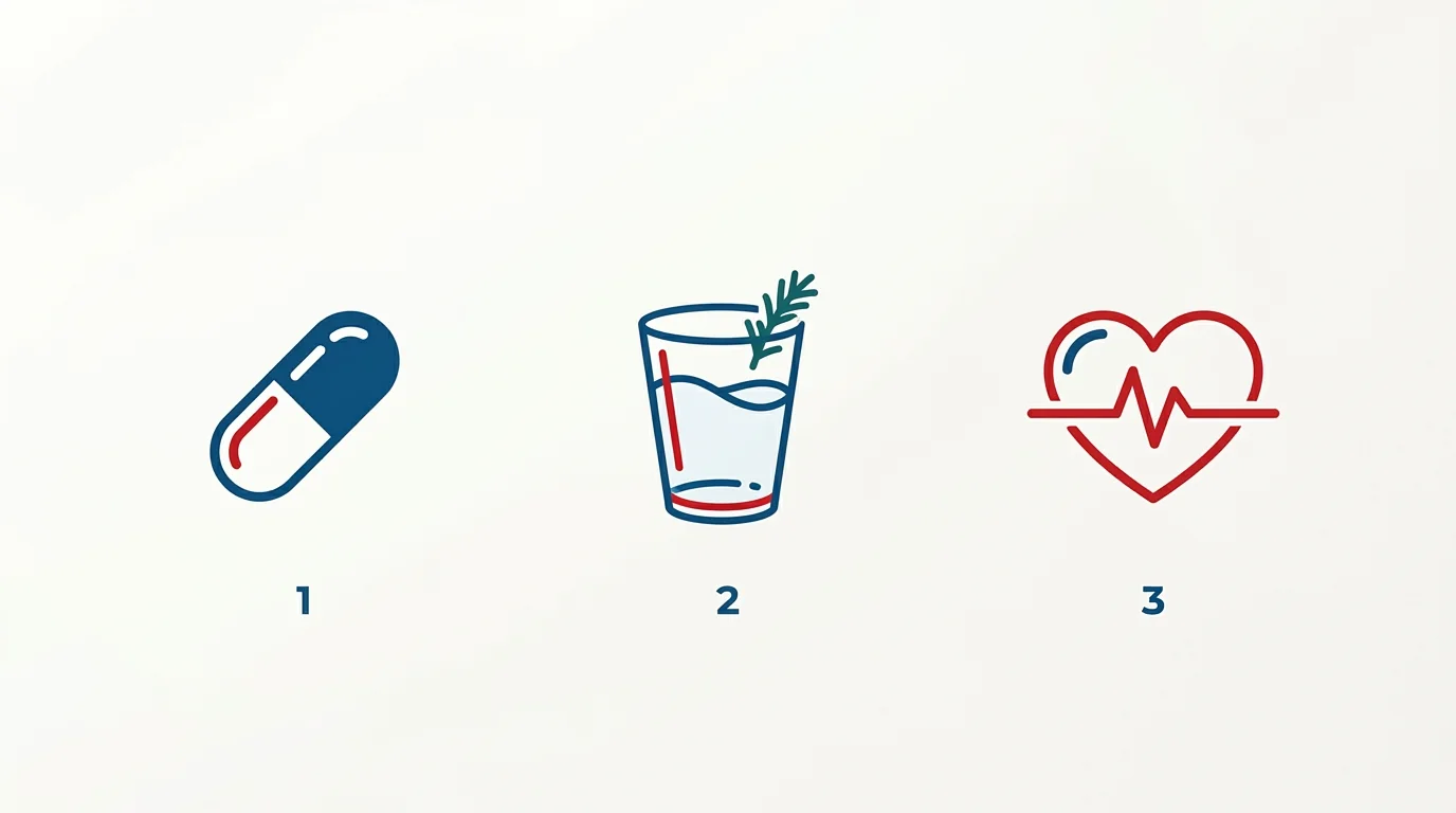 Three-step wellness mechanism: capsule, hydration, and heart vitality icons
